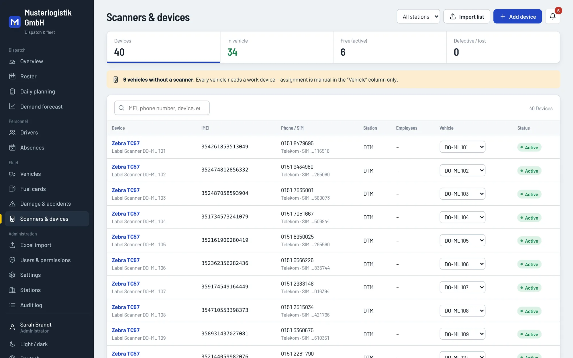 Scanners and devices in Mileon with IMEI, SIM and assigned vehicle