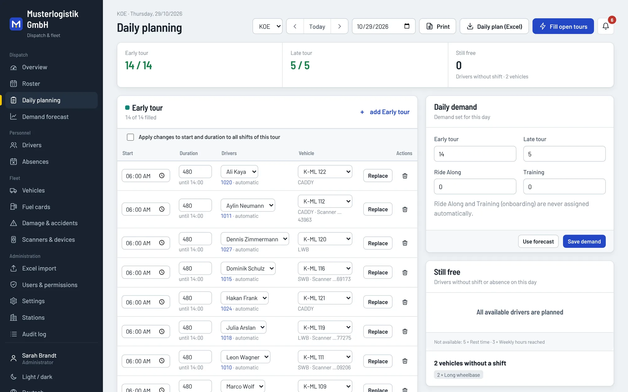Daily planning in Mileon with shifts, drivers, vehicles and free drivers